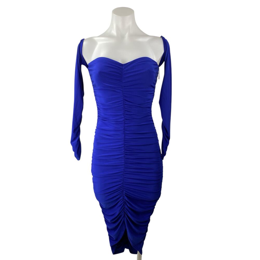 Sabora Blue Ruched Long Sleeve Off Shoulder Sweetheart Neck Midi Bodycon Dress S